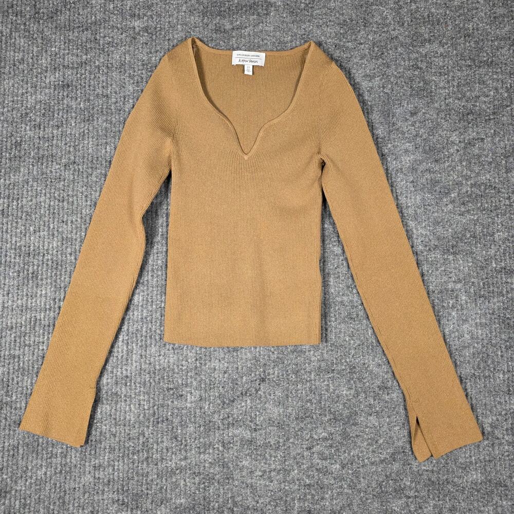 & Other Stories Ribbed Knit V Neck Fitted Sweater Tan Minimalist XS